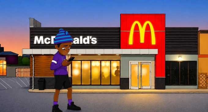 The image features a cartoon boy walking past a McDonald's restaurant, holding his cell phone. The scene takes place at night with the bright lights of the McDonald's sign illuminating the area. The text "GM and Gmonad Waiting for $MON ATH while submitting my McDonald's application." is present in the image as well.