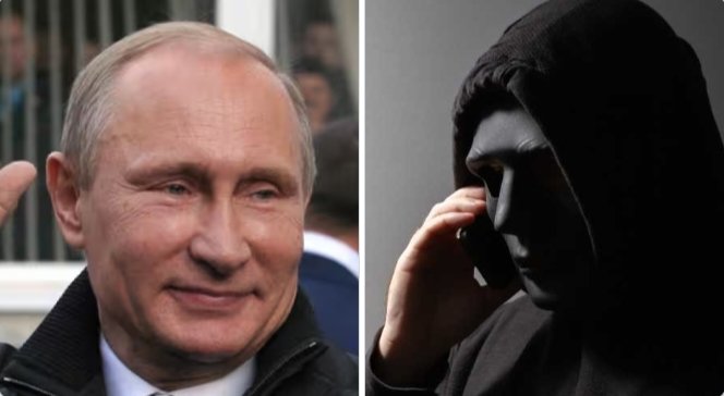 Vladimir Putin is pictured next to a hooded figure, symbolizing Russian authorities' crackdown on alleged fraud networks linked to Ukraine-based call centers. The crackdown has reportedly led to 20 arrests and the shutdown of 9 crypto exchanges.