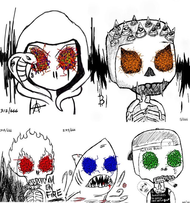 A grid of six hand-drawn sketches featuring various cartoon characters and skulls with colorful scribbled-in eyes (red, orange, green, blue), with small text labels like 'I'M ON FIRE' and 'F*CK THE WORLD'.