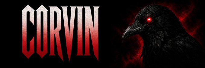 A black crow with glowing red eyes is shown alongside the stylized text "CORVIN," matching the post's promotional message that $CORVIN is a 1000x meme coin opportunity.