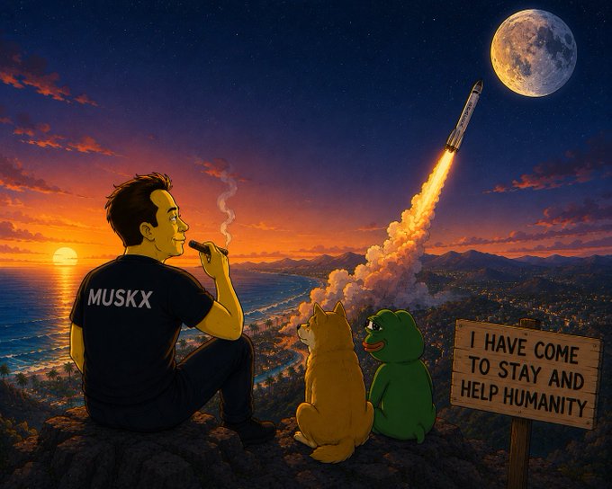 An illustrated scene depicts a man wearing a shirt labeled 'MUSKXX' smoking a cigar alongside a cat and a green dinosaur, watching a rocket launch toward the moon above a coastal sunset, with a sign reading 'I HAVE COME TO STAY AND HELP HUMANITY'.