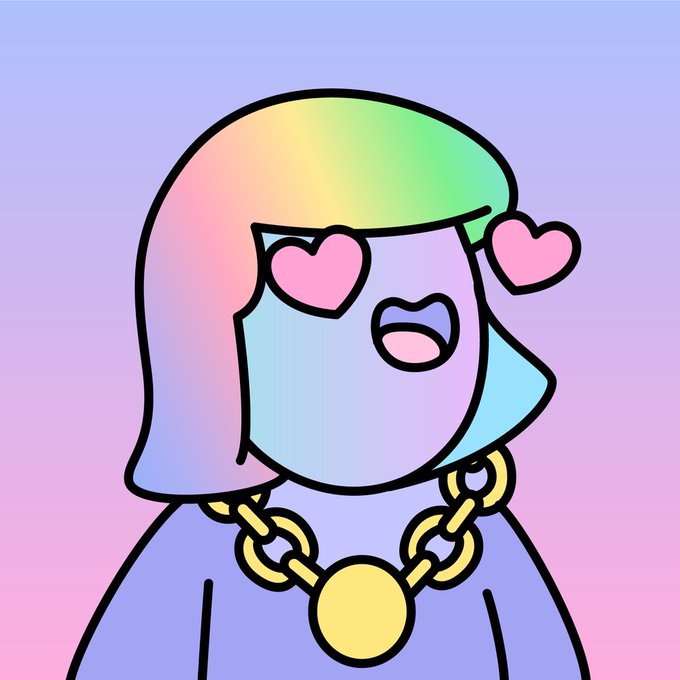 A colorful cartoon illustration of a character with rainbow hair, heart-shaped eyes, and a gold chain necklace on a pink and blue gradient background.