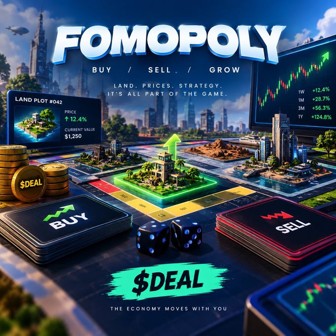 A colorful “FOMOPOLY” board-game-style crypto trading illustration with “BUY / SELL / GROW,” “LAND. PRICES. STRATEGY. IT’S ALL PART OF THE GAME,” and a “$DEAL” banner.