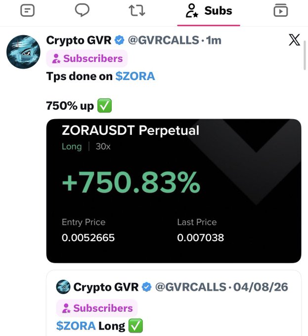 The post announces "Trade 830" — a successful +750.83% gain on a 30x long position for $ZORAUSDT Perpetual, with an entry at 0.0052665 and last price at 0.007038, shared exclusively with the @GVRCALLS Twitter subscribers. The image shows the verified trade call and corresponding result, aligning with the caption's claim of a 750% win and the note encouraging X subscriptions for more trades.