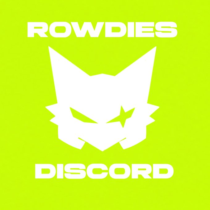 A bold neon yellow graphic features a stylized white cat-like face logo with sharp, angular ears and a star-shaped eye on the right side. Above the logo reads "ROWDIES" and below it reads "DISCORD," both in white block letters, announcing the upcoming Discord community launch teased in the accompanying post.