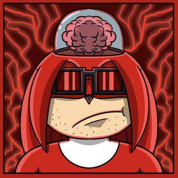 A cartoon illustration of a red-suited astronaut with a visible brain inside a glass helmet dome, set against a red background with lightning-like patterns.
