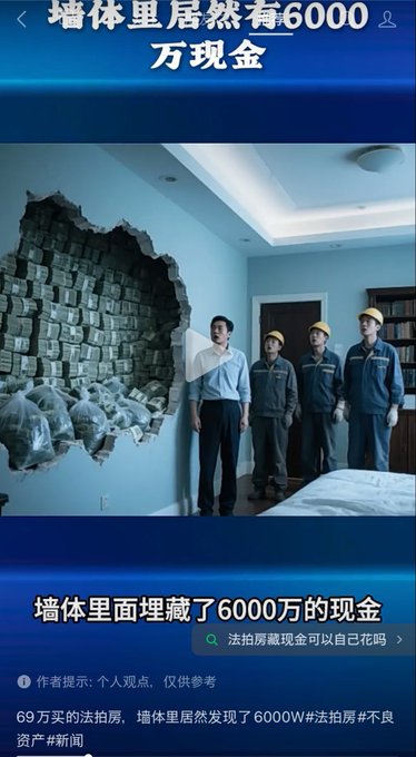 A short-form video thumbnail with Chinese text '墙体里居然有6000万现金' (60 million cash found in the wall), showing people in hard hats looking at a wall stuffed with bundles of money.