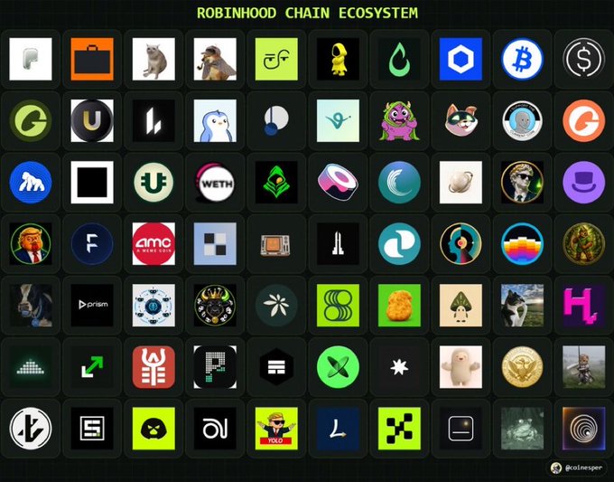 An infographic titled 'ROBINHOOD CHAIN ECOSYSTEM' shows a grid of various cryptocurrency and project logos.