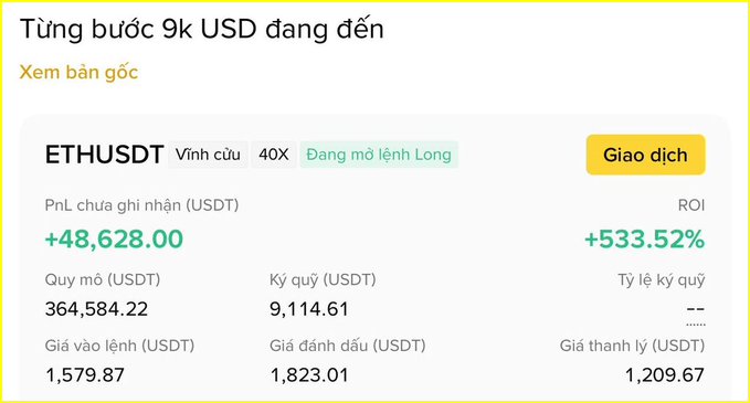 A cryptocurrency trading interface in Vietnamese showing 'Từng bước 9k USD đang đến' for ETHUSDT perpetual contract with 40X leverage, displaying a PnL of +48,628.00 USDT and ROI of +533.52%.