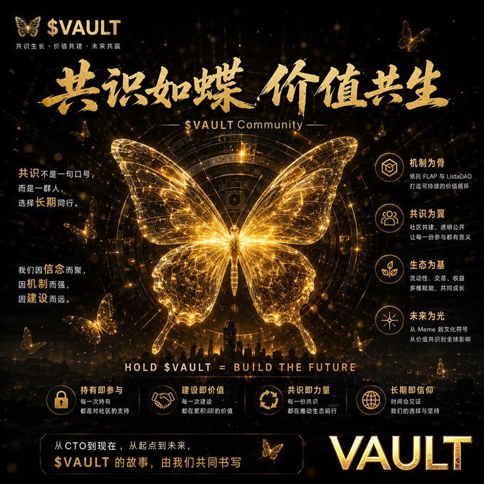 In this image, there is a poster for the Vault project featuring an illustration of a butterfly surrounded by various elements from different industries such as finance, technology, and ecology. The phrase "Vault community" is prominently displayed at the top of the poster in both English and Chinese text. The goal of the project appears to be centered around collaboration among these diverse sectors, with the hope of creating a better future for everyone involved.