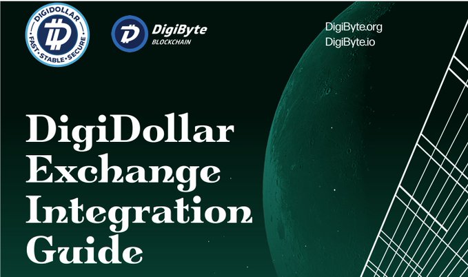 The image features a green background with white text that reads "DigiDollar Exchange Integration Guide". The title of the guide is prominently displayed at the top, while the rest of the content is written below it. There are two blue logos present in the image - one on the left side and another on the right side. These logos represent DigiDollar and Digibyte, respectively.