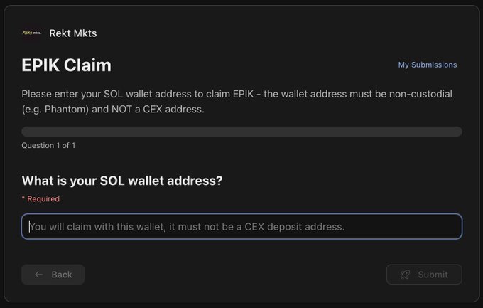 A dark-themed web form titled "EPIK Claim" by Rekt Mkts (REKT NEWS) asks users to enter a non-custodial SOL wallet address (e.g., Phantom) to claim an $EPIK airdrop, illustrating the claim process referenced in the post about the subscription's airdrop benefits.