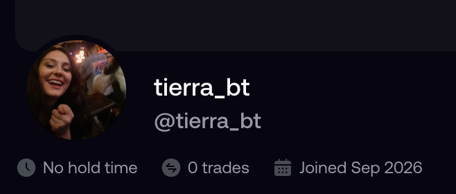 A profile card for user 'tierra_bt' (@tierra_bt) showing 'No hold time', '0 trades', and 'Joined Sep 2026' against a dark background.