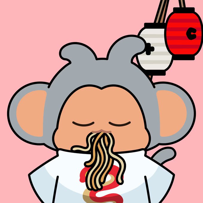 A cartoonish gray mouse-like character wearing a chef's outfit contentedly slurps noodles while red Japanese paper lanterns hang in the background, visually complementing the post's announcement of a NFT strategy sale for "Chiyoji the Dazed."