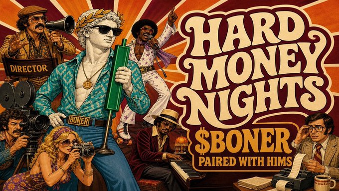 Vibrant retro-styled poster for 'HARD MONEY NIGHTS' featuring '$BONER PAIRED WITH HIMS' with various characters including a director, musician, and a man wearing a 'BONER' belt buckle.