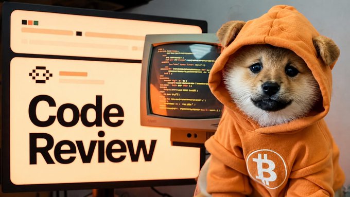 A promotional graphic featuring a Shiba Inu dog in an orange Bitcoin hoodie next to a retro computer displaying code, with large text reading 'Code Review'.