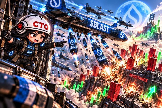 An AI-generated battle scene featuring an anime-style character in a 'CTO' helmet alongside bomber planes dropping '$BLAST' branded missiles onto a city with candlestick charts and a 'RESISTANCE' building.