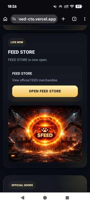 A mobile phone screenshot of the website 'eed-cto.vercel.app' showing a 'FEED STORE' announcement that it is now open, with an 'OPEN FEED STORE' button and an image of a fiery 'sFEED' logo.