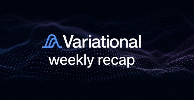 The image displays the Variational logo with "weekly recap" text against a dark background featuring purple and blue dotted wave patterns, serving as a header graphic for a summary post covering major announcements including the TGE announcement and $VAR token launch with a 32% allocation.