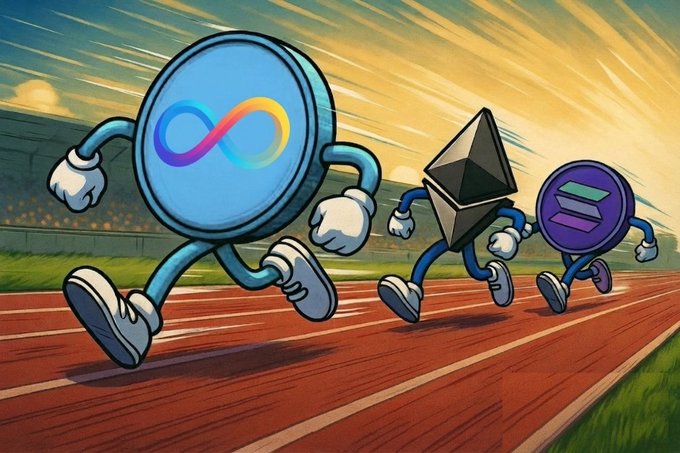 A cartoon illustration shows three anthropomorphized cryptocurrency coins—$ICP (leading in blue with an infinity symbol), $ETH (in the middle, gray), and $SOL (purple, trailing slightly)—running in a race on a track. The image visually represents the post's question about whether $ICP can compete with established rivals $ETH and $SOL.