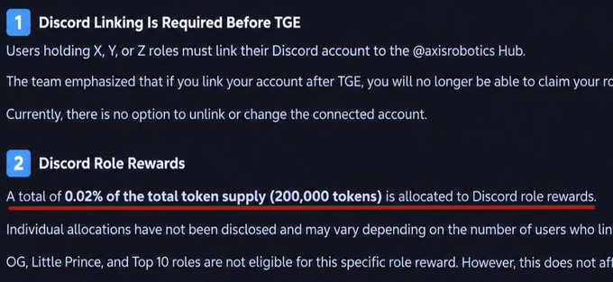 The image outlines two requirements from Axis Robotics' Token Generation Event (TGE): Discord account linking and Discord Role Rewards, with a highlighted allocation of 0.02% of the total token supply (200,000 tokens) reserved for role holders. This directly supports the accompanying post's critique that only a minimal 0.02% is allocated to Discord role holders, despite predictions of $10-$200 in individual value, suggesting role-based rewards remain undervalued in Axis's tokenomics.