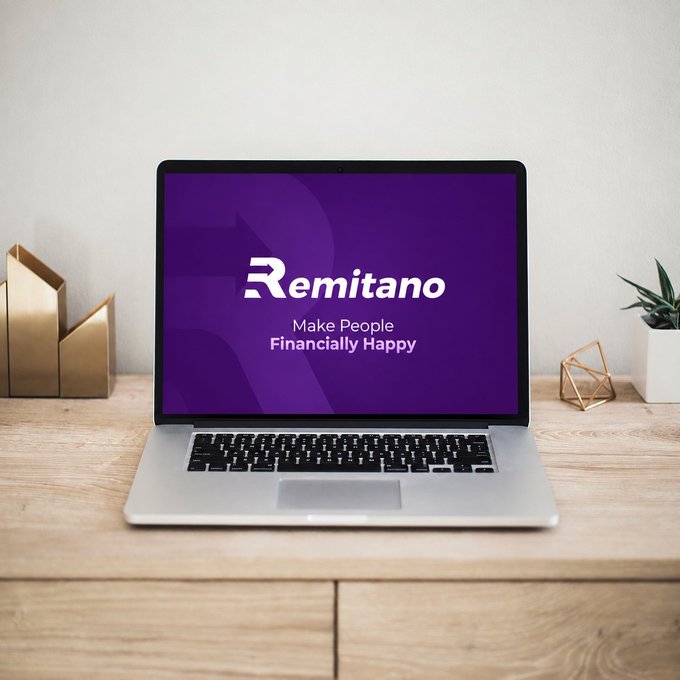 A laptop on a wooden desk displays the Remitano logo with the tagline 'Make People Financially Happy' on a purple screen, with decorative items and a plant nearby.