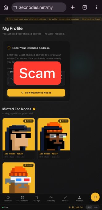 Screenshot of the zecnodes.net/my profile page labeled 'Scam' in large red text, showing minted Zec Nodes including pixel art characters #2620, #2717, and #2822 with wallet value $1,164.74 ZEC.