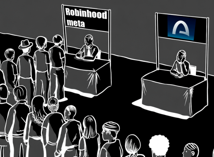 A black-and-white line drawing depicting a crowd of people lined up at a booth labeled 'Robinhood meta,' while an empty adjacent booth displays an Arch logo.