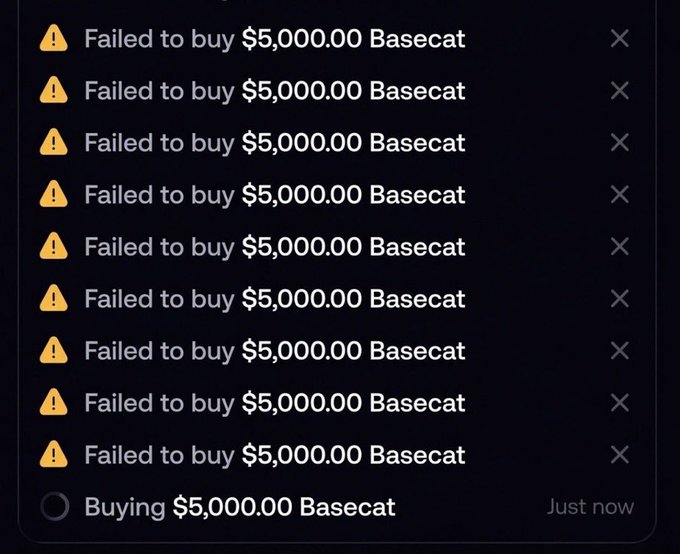 The image shows a series of nine failed "Failed to buy $5,000.00 Basecat" notifications followed by one pending "Buying $5,000.00 Basecat" status, illustrating the user's frustration with FOMO's inability to process trades during high volume periods on Basecat. This directly supports the accompanying post's criticism of the FOMO platform failing to deliver reliable trading functionality during volume spikes despite its high revenue.