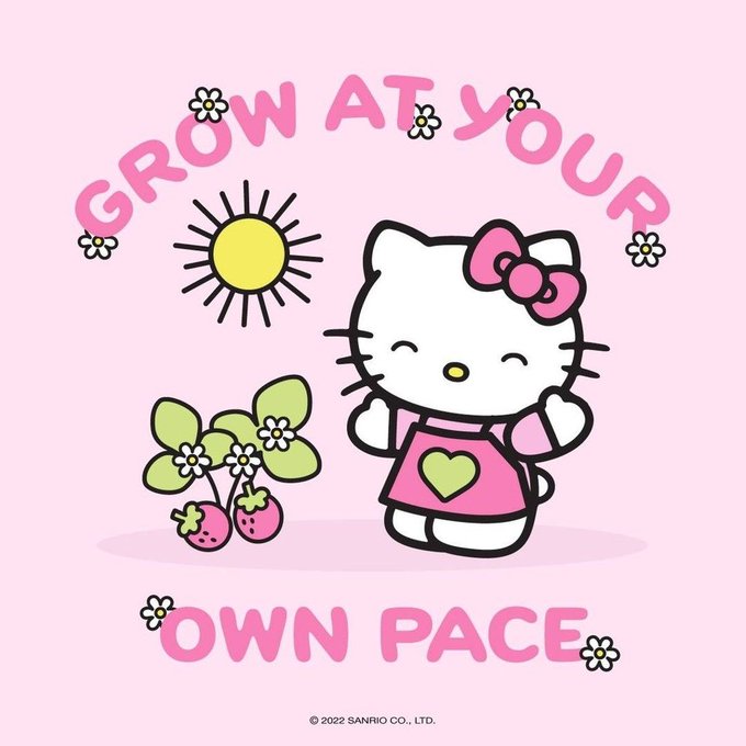 The image features a cartoon Hello Kitty character standing next to flowers, holding up her hand with a smile. The background of the image is pink, which complements the Hello Kitty theme. Below the Hello Kitty scene, there's text that reads "Grow at your own pace" and "@quipnetwork @useTria @TheARCTERMINAL day." This message seems to be related to the post about learning and growing with Quip Network. The combination of the cartoon character and the pink background creates a visually appealing and engaging image, which could potentially attract more viewers to the post.