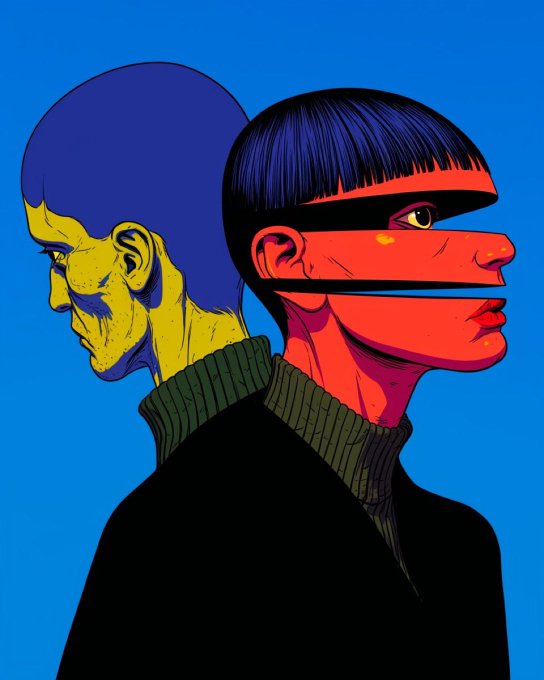 A stylized digital art portrait featuring two figures back-to-back against a blue background: one in yellow/blue profile on the left and one with a red-sliced face on the right.