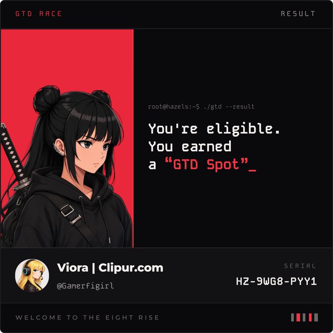 A 'GTD RACE' result certificate announcing eligibility for a 'GTD Spot' for 'Viora | Clipur.com' (@Gamerfigirl), featuring an anime-style female character with a sword and serial number HZ-9WG8-PYY1.