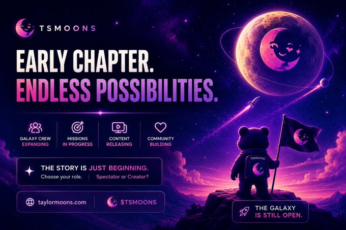 A promotional graphic for $TSMOONS featuring a space-themed design with an astronaut figure planting a flag on a moon, a large planet with the Tsmoons logo, and key messaging including "EARLY CHAPTER. ENDLESS POSSIBILITIES," "GALAXY CREW EXPANDING," "MISSIONS IN PROGRESS," "CONTENT RELEASING," "COMMUNITY BUILDING," "THE STORY IS JUST BEGINNING," and "THE GALAXY IS STILL OPEN," tying into the post's narrative about $TSMOONS being in an early, attention-worthy phase of growth.