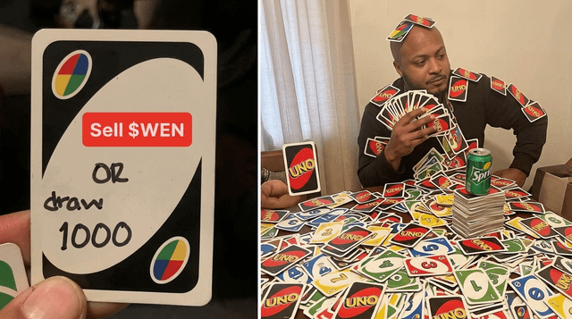 A two-panel image: the left shows a customized UNO card reading 'Sell $WEN OR draw 1000', and the right shows a man surrounded by UNO cards with $WEN stickers holding a can of Sprite.