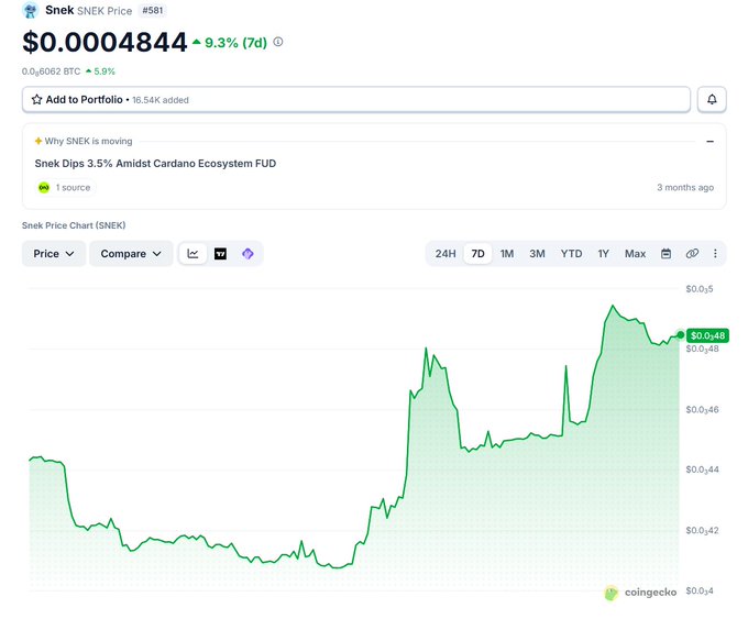 A CoinGecko price chart for SNEK (#581) showing a current price of $0.0004844, up 9.3% over 7 days, with a note that 'Snek Dips 3.5% Amidst Cardano Ecosystem FUD.'