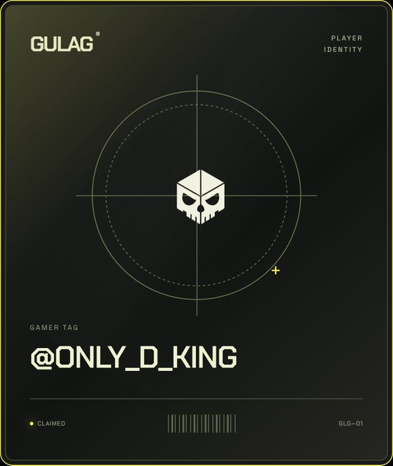 A digital identity card branded 'GULAG' features a skull crosshair design and displays the gamer tag '@ONLY_D_KING' marked as 'CLAIMED'.