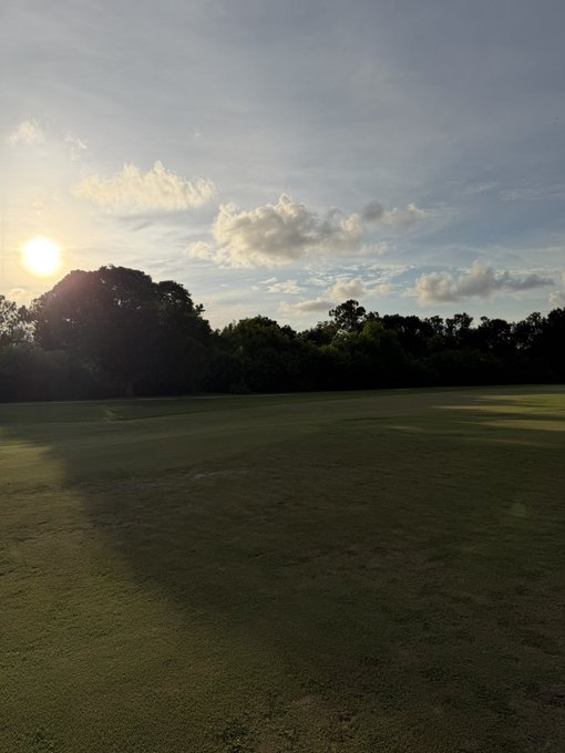 A sunset casts a warm glow over an expansive, empty grassy field bordered by a line of trees beneath a partly cloudy sky.