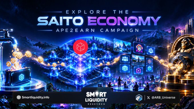 A promotional banner for the 'SAITO ECONOMY APE2EARN CAMPAIGN' featuring a futuristic cityscape, crypto icons, and branding from Smart Liquidity and ARB_Universe.