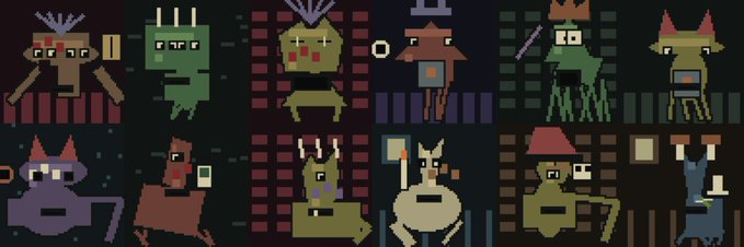 A grid display of various pixel-art creature sprites in different colors and shapes, featuring cartoonish characters with horns, tails, and unique designs against dark backgrounds.