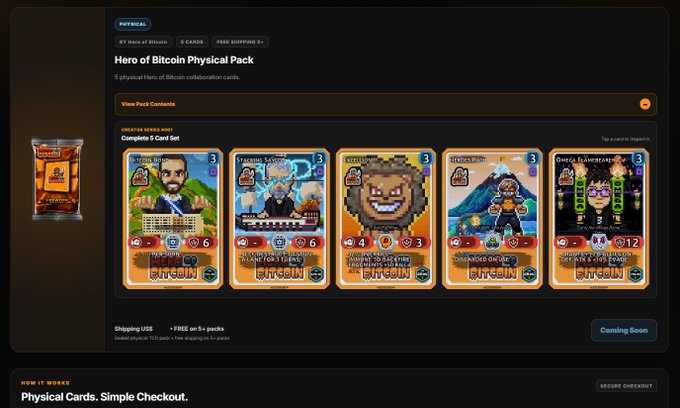 The image shows a product page for the "Hero of Bitcoin Physical Pack" featuring 5 physical Bitcoin collaboration cards with characters like "Pedro Bitcoin," "Vladimir Satoshi," "King Satosh-eye," "Bitcoin Boy," and "Queen Fiammeard," each priced at 3 and displaying stats, available for $25 with free shipping on 5+ packs. The page aligns with the post's announcement that BTC: Proof of Play physical cards are launching, showcasing the collectible card sets that fans can purchase to discover, collect, and play.