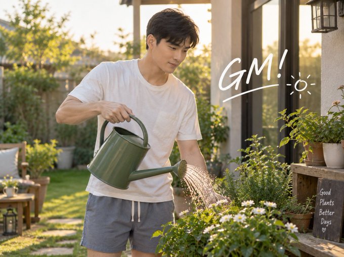 A promotional lifestyle image featuring a young man watering plants in a sunlit garden with a green watering can, overlaid with the text 'GM!' next to a sun icon.