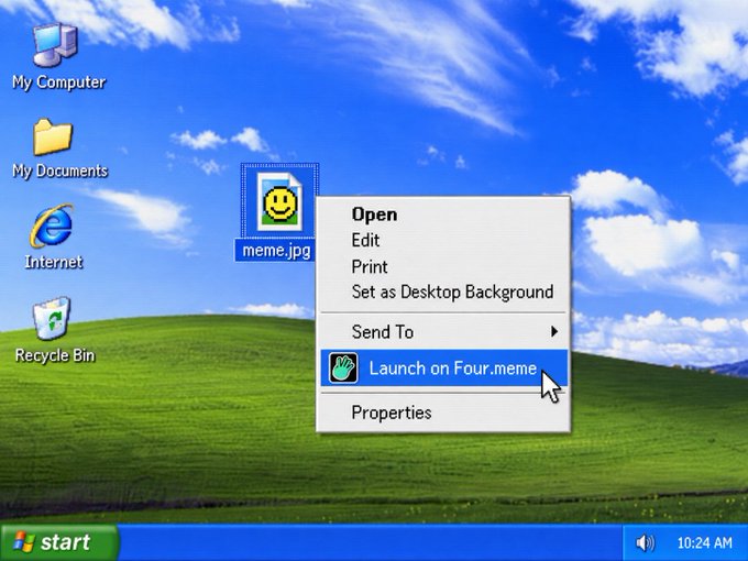 The image shows a retro Windows XP-style desktop with a classic green hills wallpaper, featuring a right-click context menu over a "meme.jpg" file where the option "Launch on Four.meme" is highlighted. This humorously illustrates the post's promotion of the $MEME token on the Four.meme platform, playfully framing meme trading as an effortless desktop action reminiscent of early internet culture.