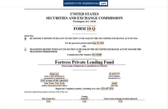 A Form 10-Q cover page from the United States Securities and Exchange Commission for the Fortress Private Lending Fund, filed for the quarterly period ended June 30, 2026, based in Delaware with Commission File Number 814-01880.