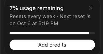 A mobile notification showing '7% usage remaining' with text indicating it resets every week, with the next reset on Oct 6 at 5:19 PM, and an 'Add credits' button below.