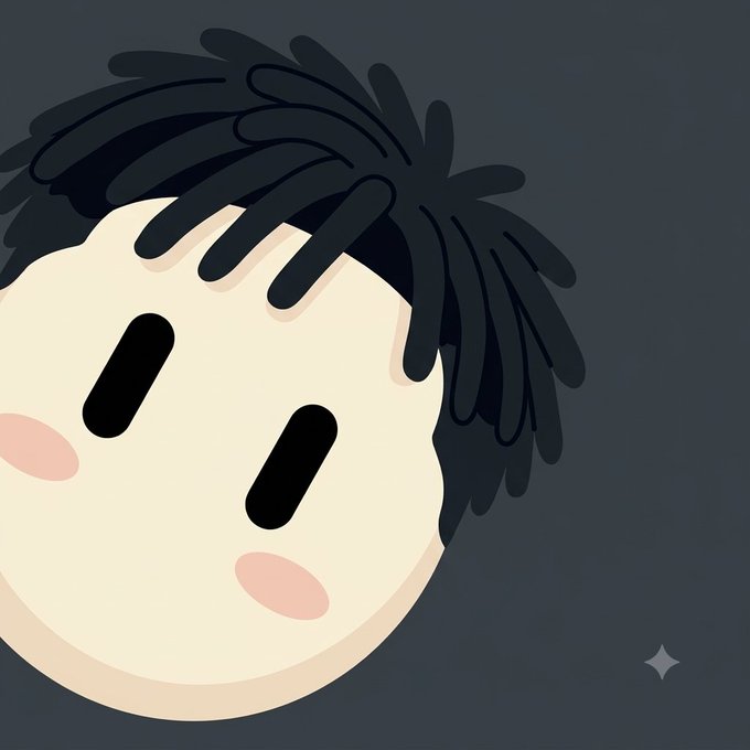A digital illustration of a round cartoon face with closed eyes, rosy cheeks, and messy dark hair against a dark gray background.