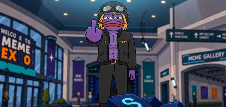 An animated scene featuring a purple-skinned cartoon character with blonde hair and goggles standing in a mall setting with a 'WELCOME TO MEME EXPO' sign and a 'MEME GALLERY' sign in the background, while gesturing with a raised finger.
