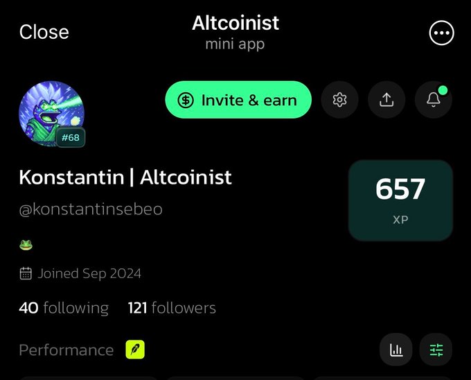 A mobile app profile screen for 'Konstantin | Altcoinist' (@konstantinsebeo) on the Altcoinist mini app, showing 657 XP, 121 followers, joined September 2024, with an 'Invite & earn' button.