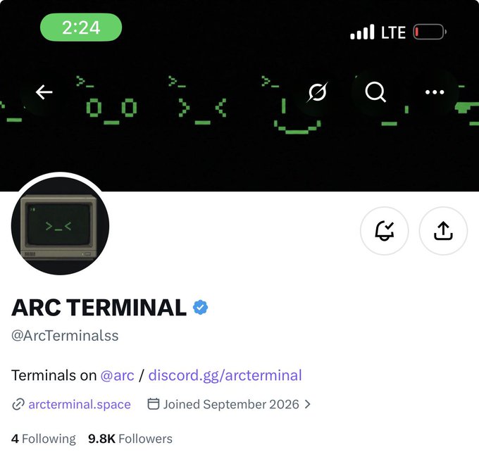 Screenshot of a Twitter/X profile for "ARC TERMINAL" (@ArcTerminalss), a verified account with 9.8K followers, displaying a retro green terminal-style banner and an invitation to join their Discord server at discord.gg/arcterminal. The account appears to be promoting a time-sensitive opportunity for spots to wallet holders, as referenced in the accompanying post.
