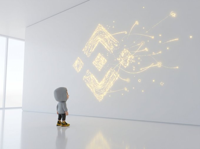 A 3D rendering of a small cartoon character in a hoodie looking at a glowing, intricate gold symbol with orbiting particles on a white wall.