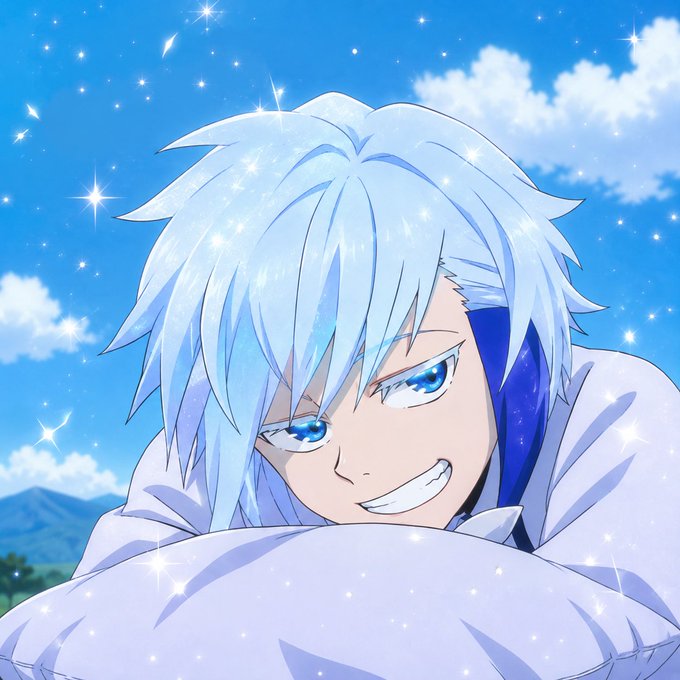 An anime character with spiky light blue hair and bright blue eyes smiles mischievously against a sparkling blue sky background.